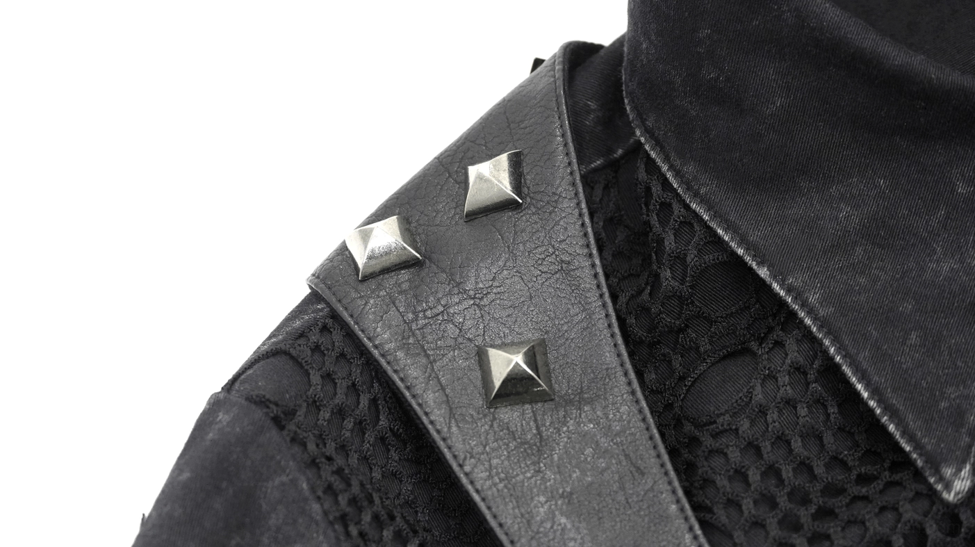 Close-up shoulder detail of black gothic punk shirt showing pyramid metal studs on PU leather strap from side angle