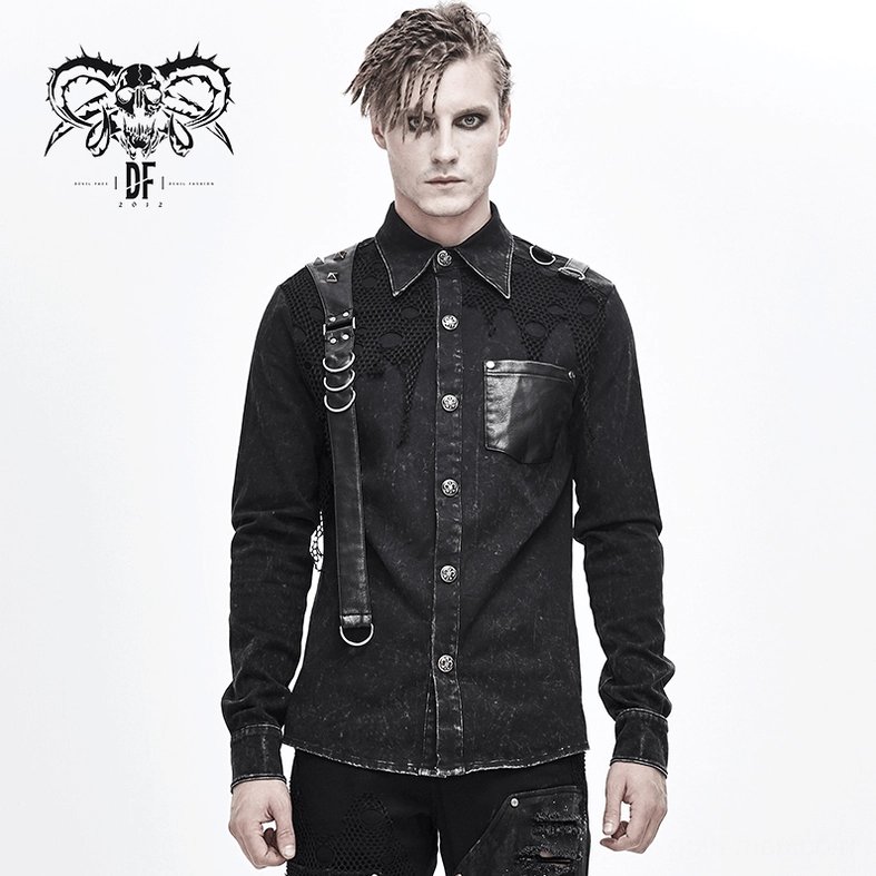 Black gothic punk shirt side panel detail displaying leather strap integration and mesh panel construction technique