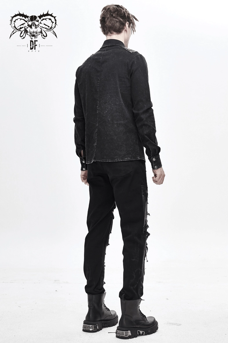 Black gothic punk shirt side seam detail view displaying distressed fabric and leather component stitching quality