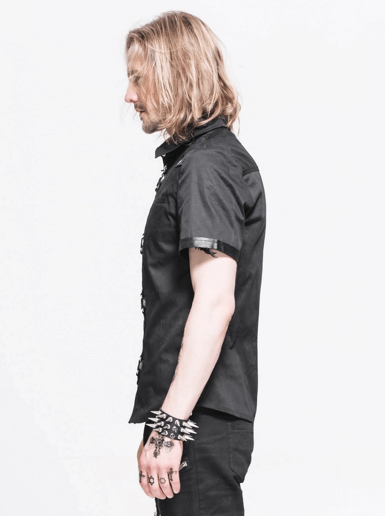 Black gothic punk short sleeve shirt side angle view revealing fitted silhouette and shoulder epaulet structure