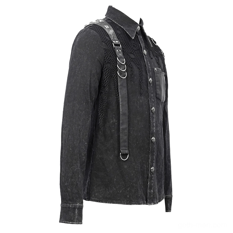 Black gothic punk shirt left side view showcasing side seam construction and shoulder strap hardware placement