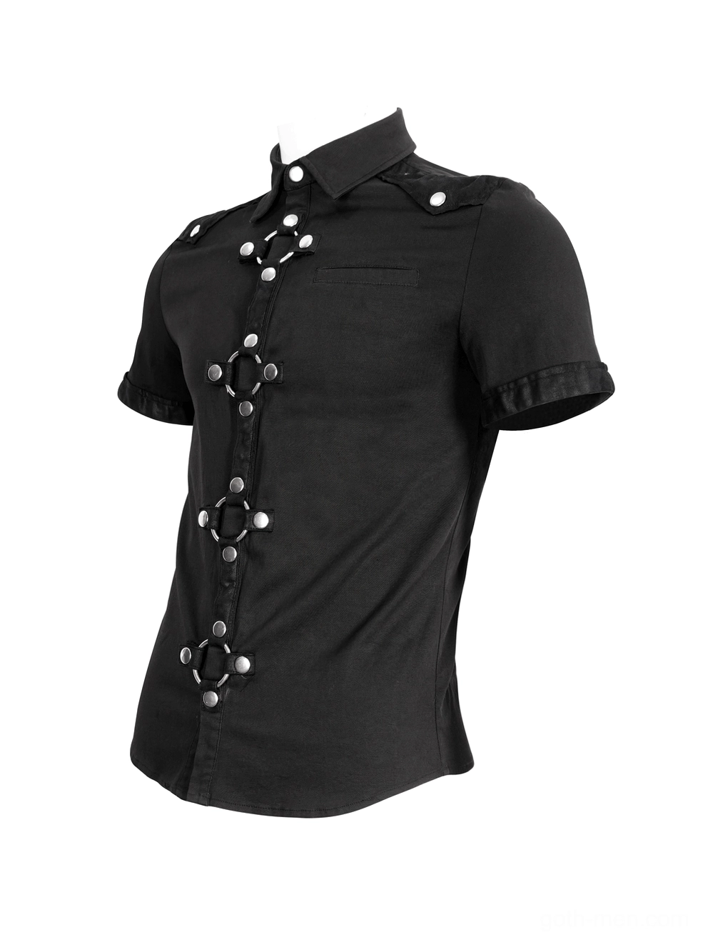 Slim-fit black gothic punk short sleeve shirt front three-quarter flat lay showing metal buckle and leather epaulets