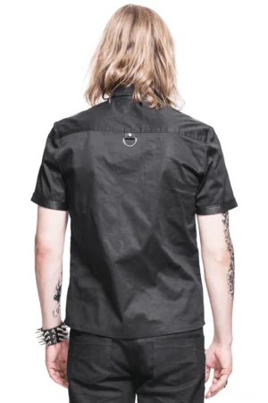 Black gothic punk shirt rear view showing D-ring hardware detail and back design on tattooed male model