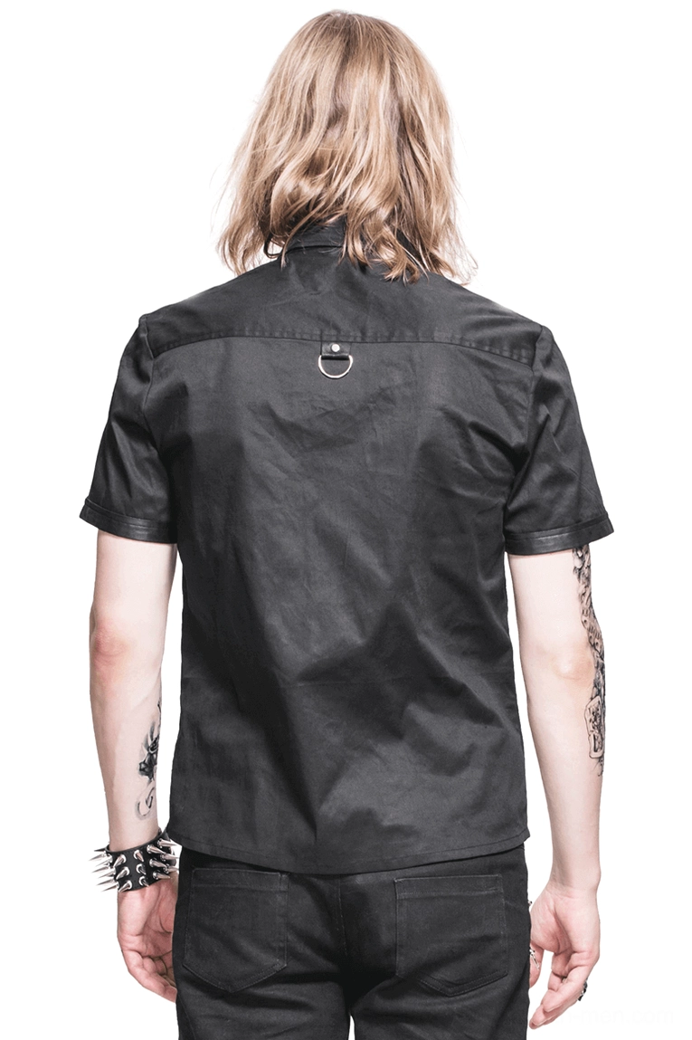 Black gothic punk shirt rear view showing D-ring hardware detail and back design on tattooed male model