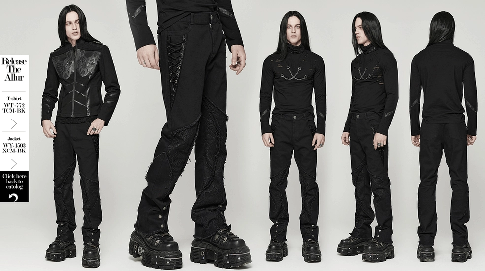 Front full-body studio shot of model wearing black spider mesh gothic punk pants in white background