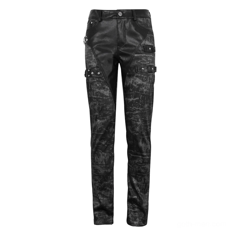 Men's gothic punk trousers with multi-pocket design and leather paneling, front straight view on white background