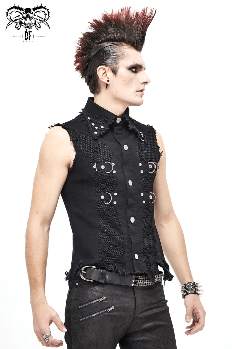 Black gothic punk vest size range display on multiple mannequins showing fit consistency from S to 4XL sizing options