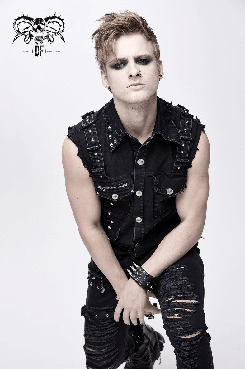Black gothic punk denim vest styled on model showing alternative fashion aesthetic