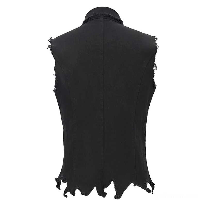Black gothic punk waistcoat back full view on mannequin, showing twill fabric texture and deliberately frayed torn hem design