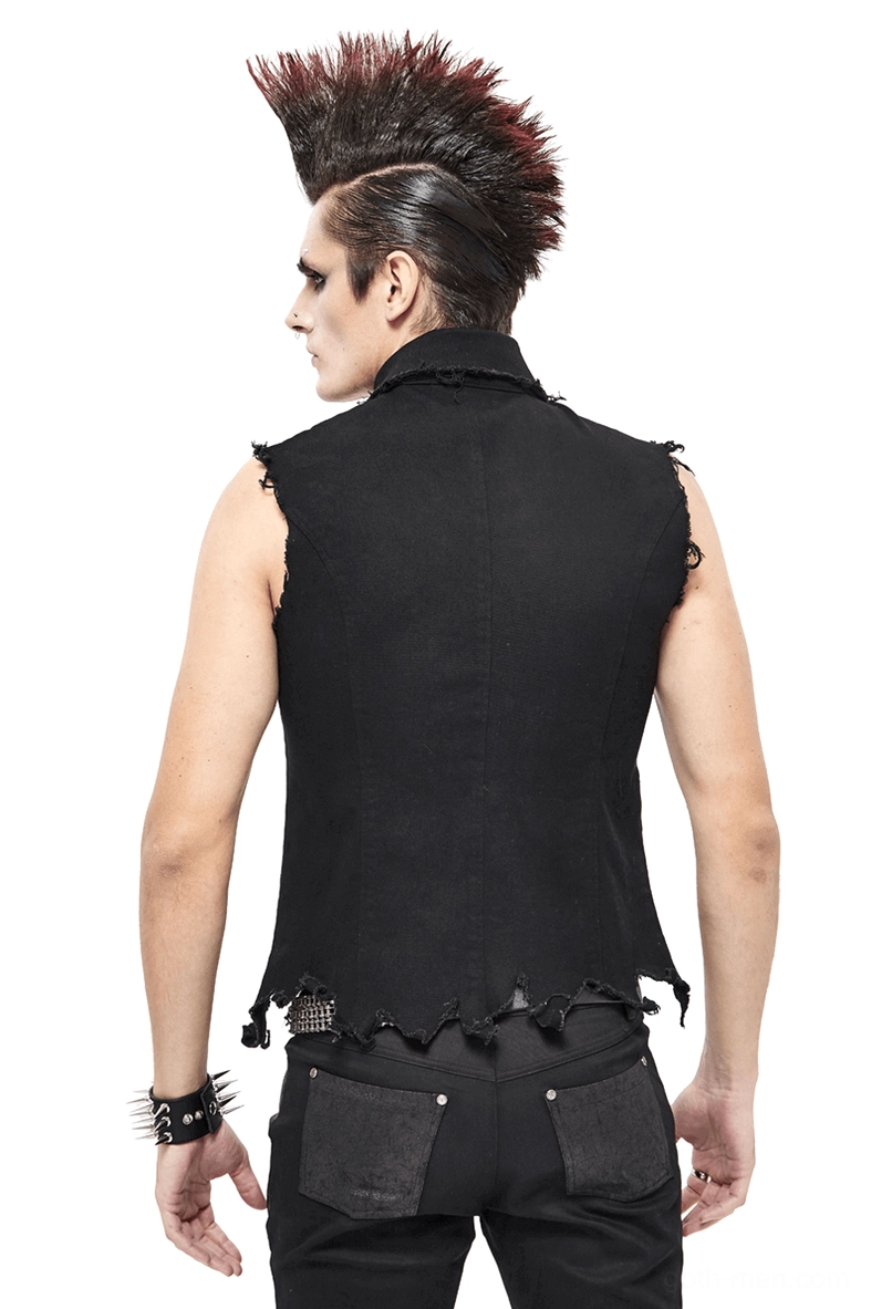 Black gothic punk waistcoat back view on male model with red mohawk, displaying plain black twill fabric and irregular torn hem detail