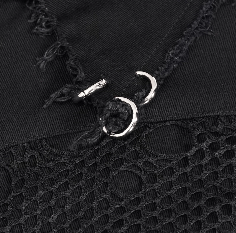 Black gothic punk sleeveless vest construction detail showing seam quality, metal attachment points, and fabric durability craftsmanship