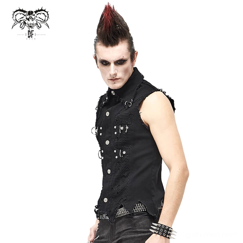 Black gothic punk waistcoat fabric close-up showing twill weave texture, cotton-spandex blend quality, and overall material composition