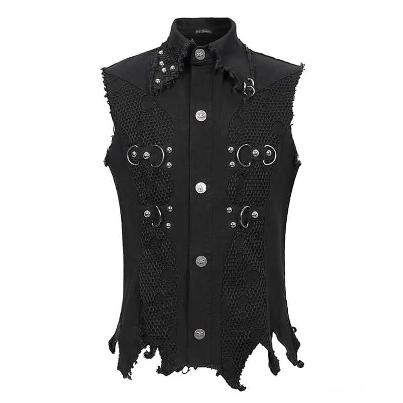 Black gothic punk sleeveless vest front full view on mannequin, featuring button front closure, metal hardware, and mesh panels integration
