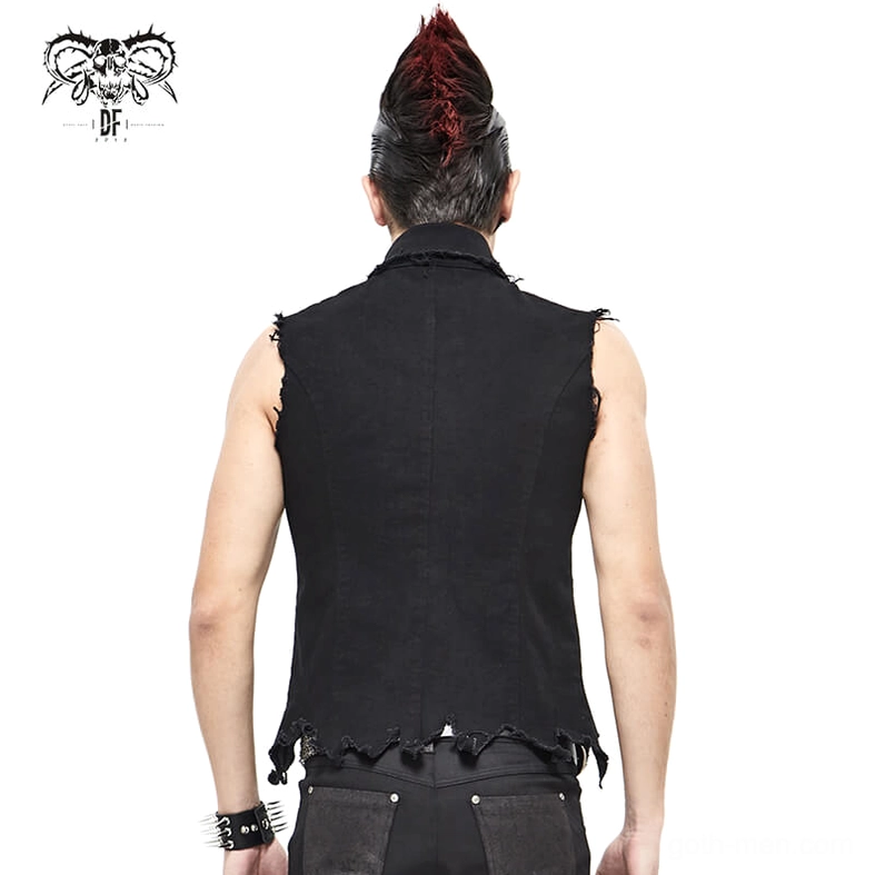 Black gothic punk waistcoat detailed view of mesh panel placement, metal D-ring attachments, and strategic design element positioning