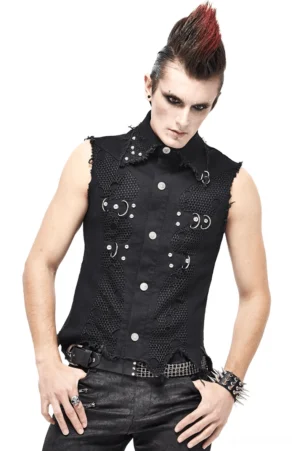 Black gothic punk sleeveless waistcoat with metal studs and D-rings, front three-quarter view on male model with red mohawk, showing mesh panels and distressed hem