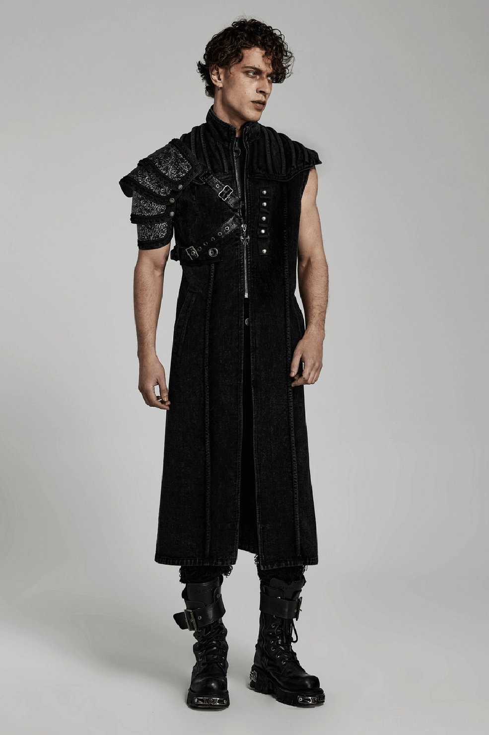 Black denim gothic punk vest overall styling view demonstrating dark alternative fashion statement