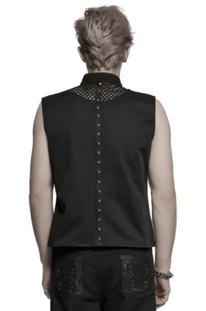 Black gothic punk mesh vest - rear full view showing studded back panel and nape mesh insert