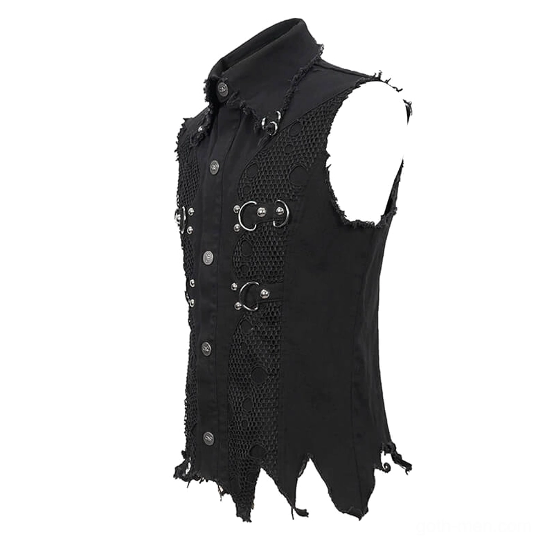 Black gothic punk sleeveless waistcoat side three-quarter view on mannequin, displaying mesh panel sections, metal D-rings, and distressed hem