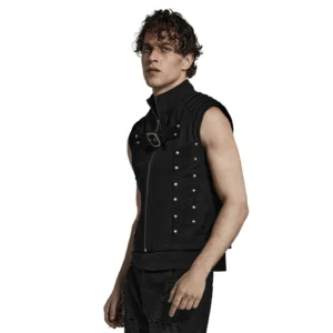 Black gothic punk armored vest left side perspective on male model, displaying sleeveless design and silver rivet decorations along torso