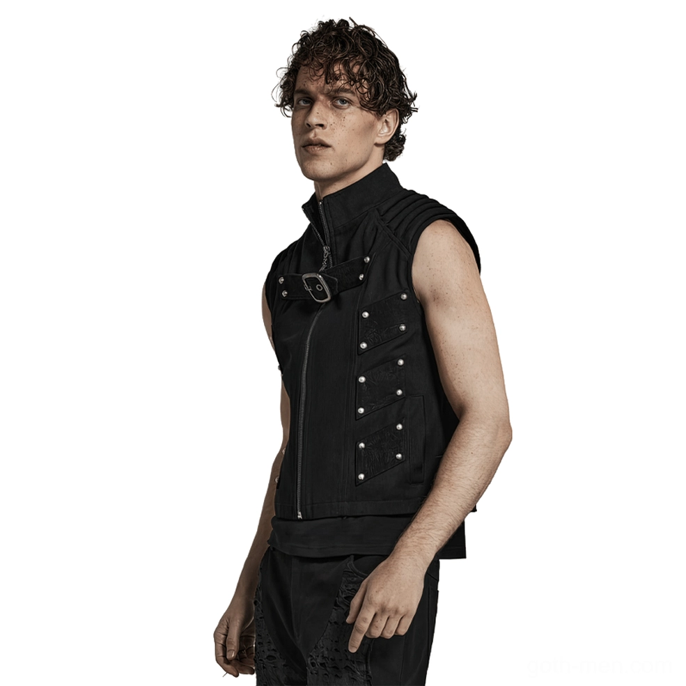 Black gothic punk armored vest left side perspective on male model, displaying sleeveless design and silver rivet decorations along torso