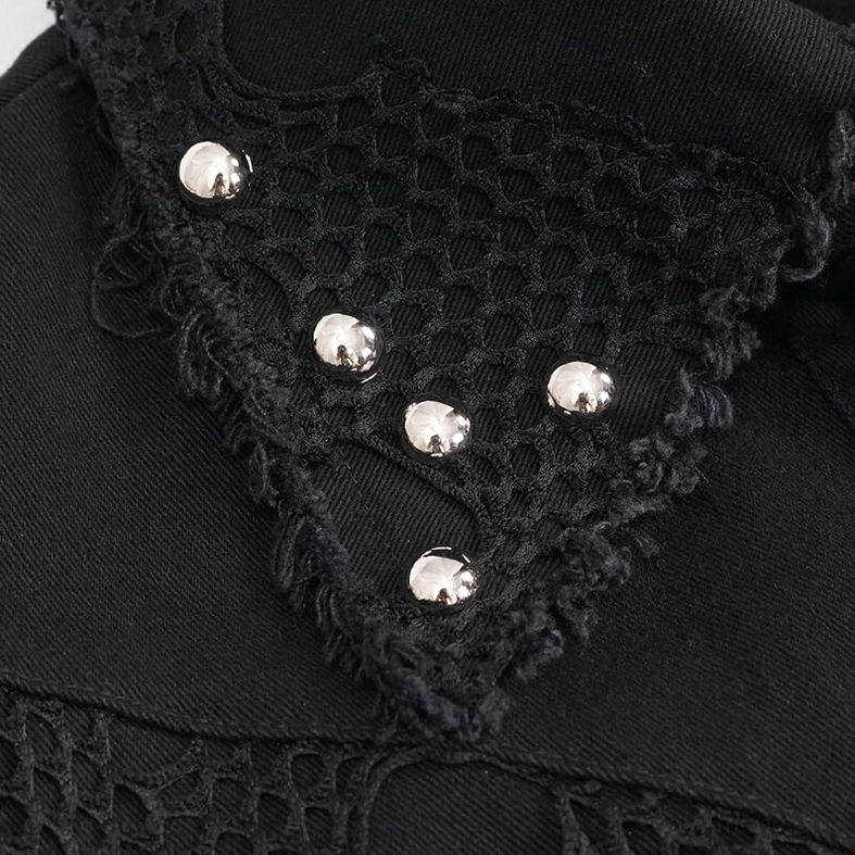 Black gothic punk waistcoat styled with alternative accessories, emphasizing metal hardware and mesh panel design elements