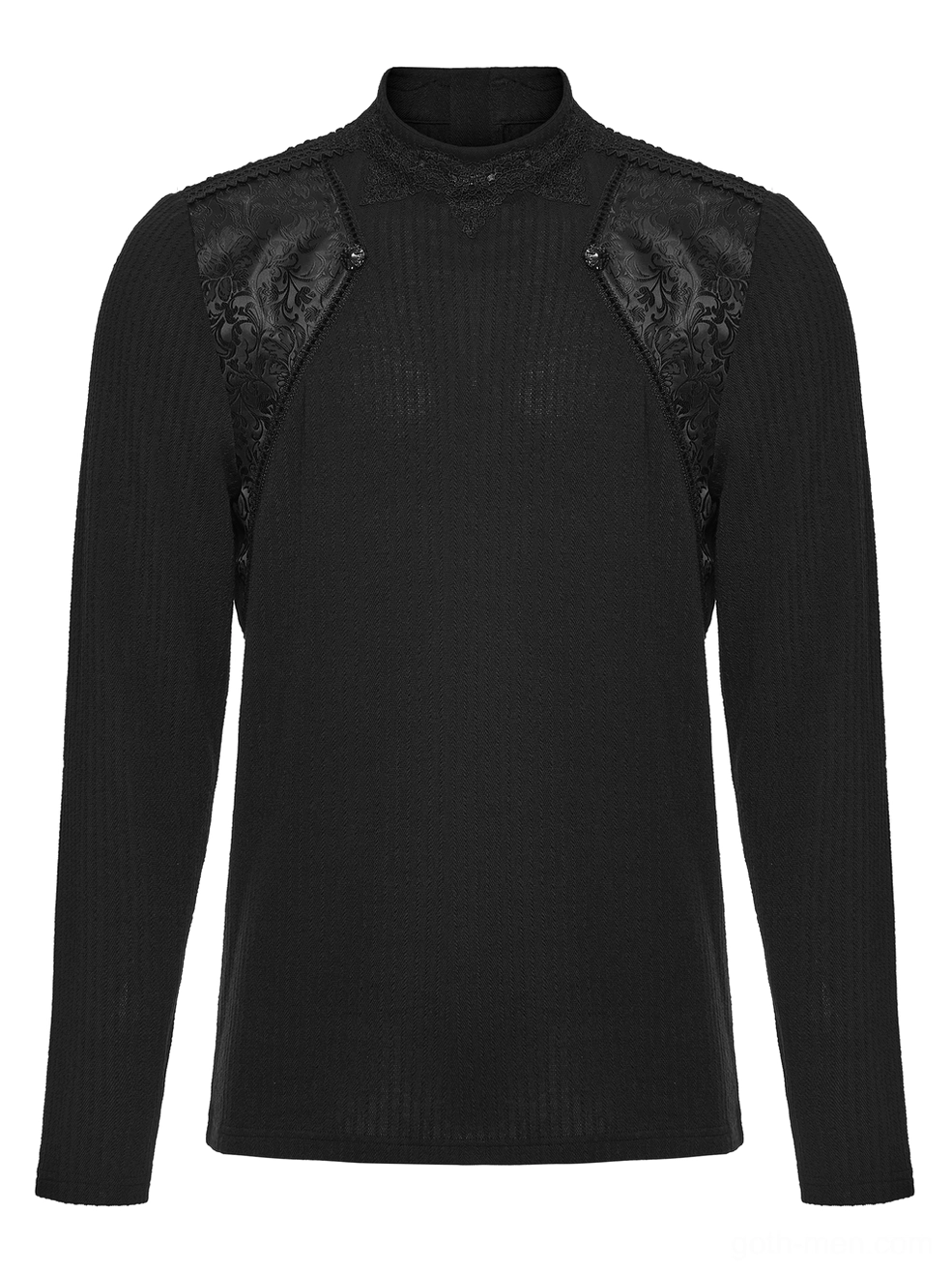 Front flat lay of black ribbed gothic sweatshirt with damask lace shoulder panels