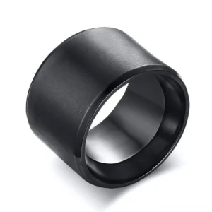 Minimalist black stainless steel gothic ring - unisex band with matte finish overhead view