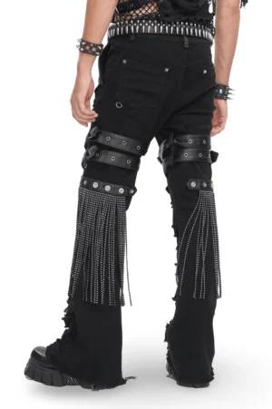 Rear view of black punk ripped jeans with studded waist belt and thigh strap buckles