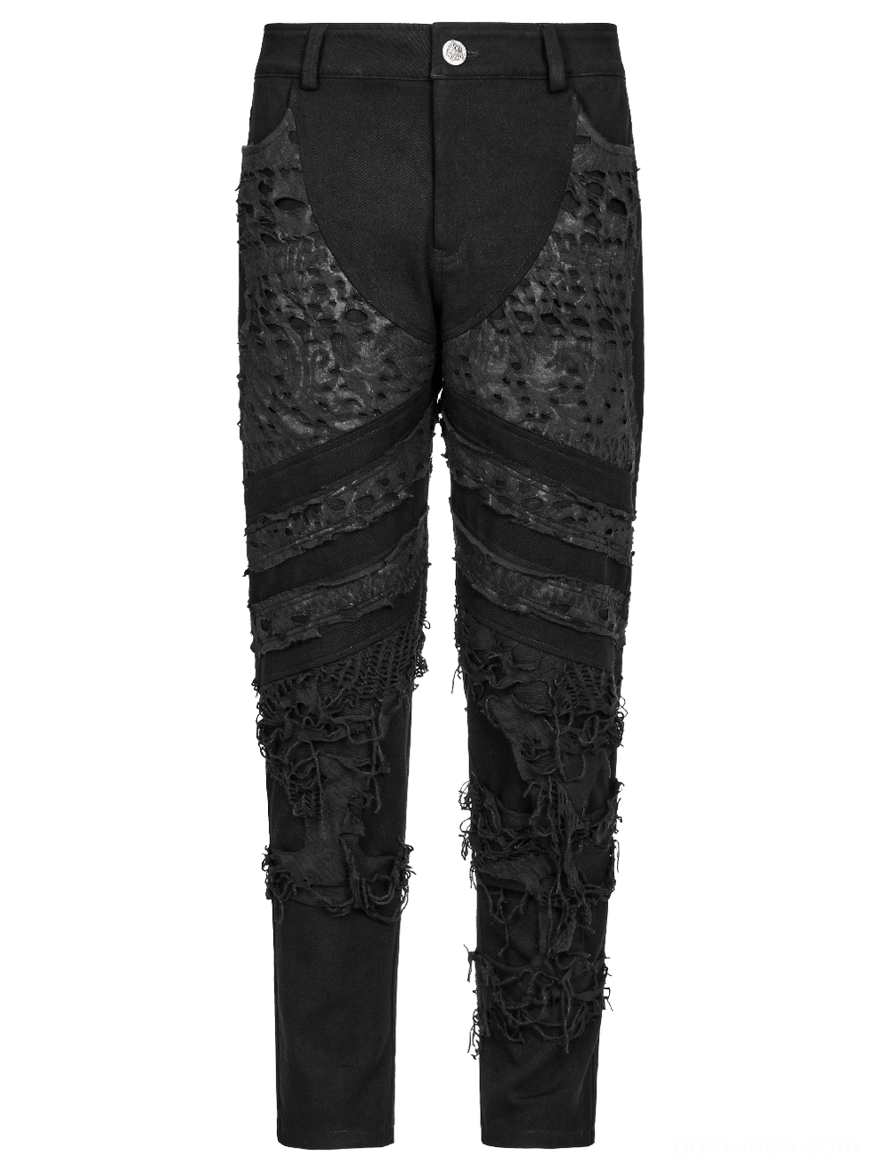 Black ripped gothic trousers flat lay front detail showing distressed patterned upper panels