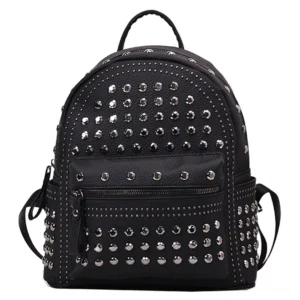 Black rivet studded gothic backpack front view showing pebbled texture and silver hardware