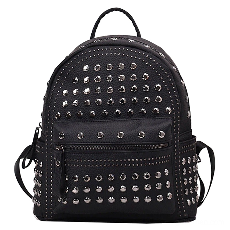 Black rivet studded gothic backpack front view showing pebbled texture and silver hardware