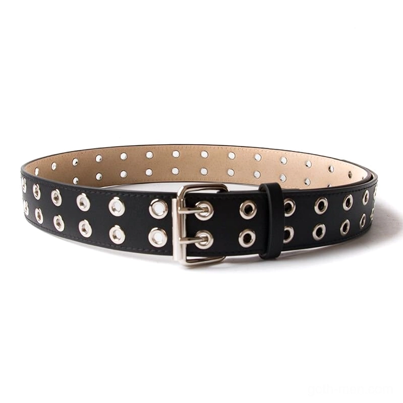 Black grommet gothic waist belt with double row metal eyelets and punk rock pin buckle closure