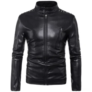 Men's black gothic rivet PU leather biker jacket front view with stand collar and shoulder rivets