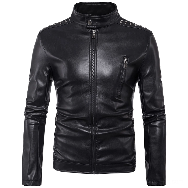 Men's black gothic rivet PU leather biker jacket front view with stand collar and shoulder rivets