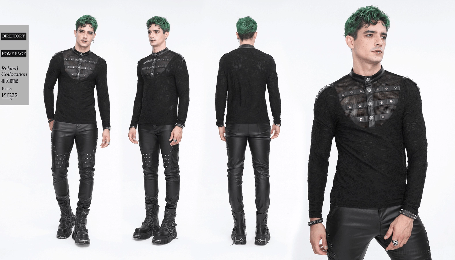 Black gothic rivet top with stand collar and textured mesh panel - full length view