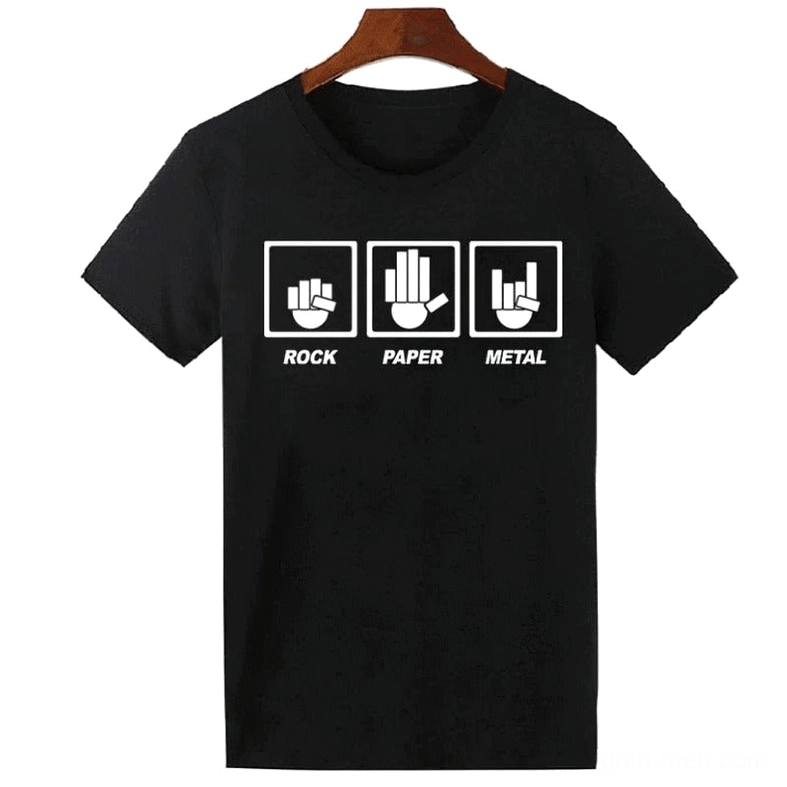 Black gothic rock gesture t-shirt displayed on wooden hanger front view alternative fashion tee