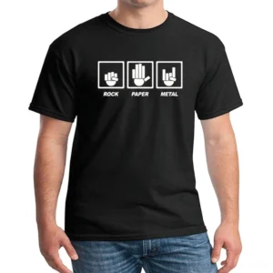 Black gothic rock gesture unisex t-shirt with rebellious rock print worn by male model front view studio photography
