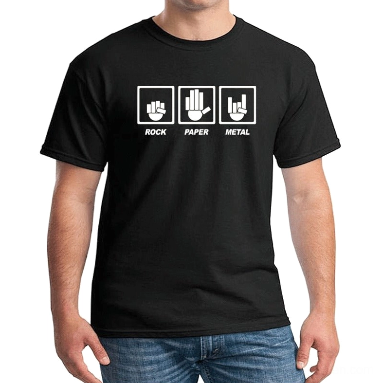 Black gothic rock gesture unisex t-shirt with rebellious rock print worn by male model front view studio photography