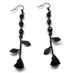 Black gothic rose beaded drop earrings with faceted beads and matte finish, frontal view on white background