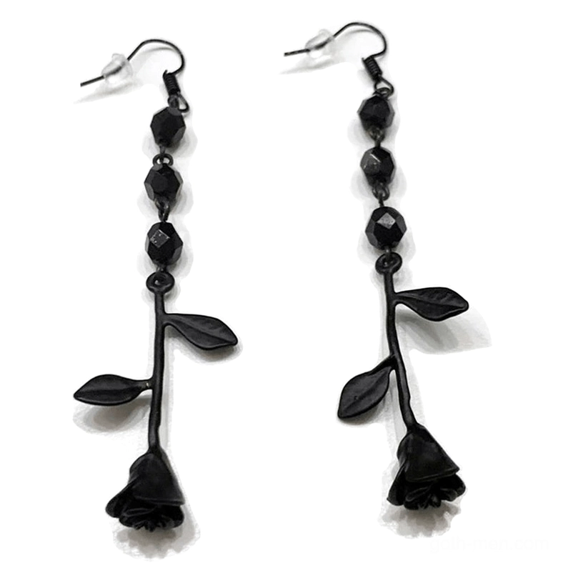 Black gothic rose beaded drop earrings with faceted beads and matte finish, frontal view on white background