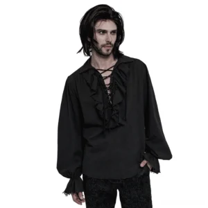 Black gothic lace-up ruffle shirt front view on male model - steampunk long sleeve shirt
