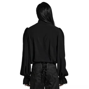 Black gothic ruffle shirt rear view showing solid back and flared ruffled cuffs, paired with lace-up gothic trousers