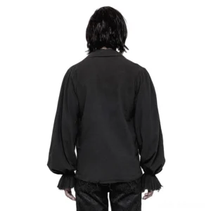 Black gothic ruffle shirt rear back view on male model - billowy sleeves and distressed cuffs