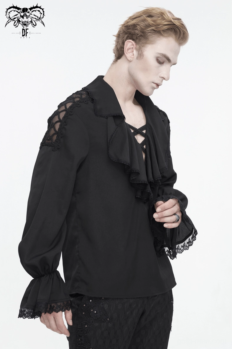 Black gothic ruffle shirt with ruffled V-neckline - alternative styling showcase for goth fashion