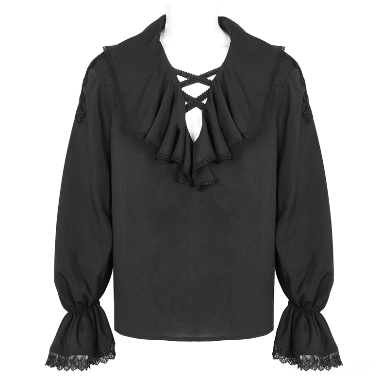 Black gothic ruffle shirt with cross lace-up V-neckline and scalloped cuff trim - flat lay front view