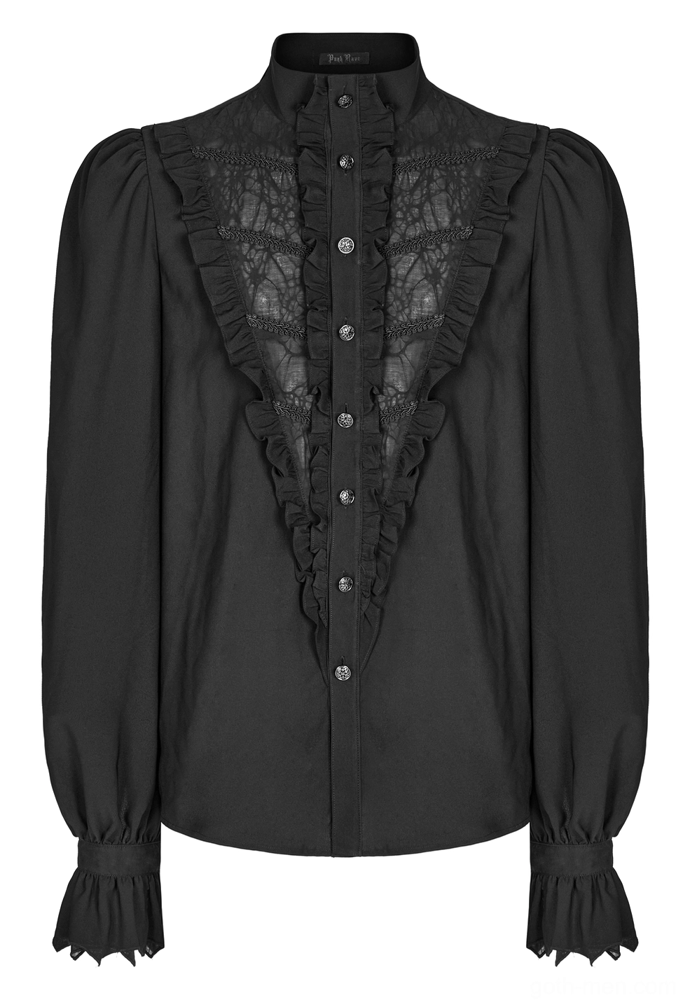 Front flat lay of black gothic ruffle shirt showing stand collar, embroidered lace panel, and intricate ruffled placket details