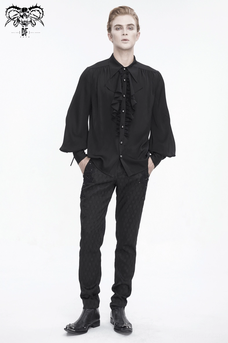 Black gothic ruffled lantern sleeve shirt alternative front view highlighting dramatic sleeve volume and ruffle trim