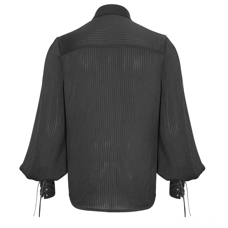 Back view of black gothic lantern sleeve shirt mannequin display showing yoke construction and drawstring cuff adjustments
