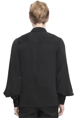 Back view of black gothic lantern sleeve shirt showing drawstring cuff ties and vertical striped sheer fabric panel detail