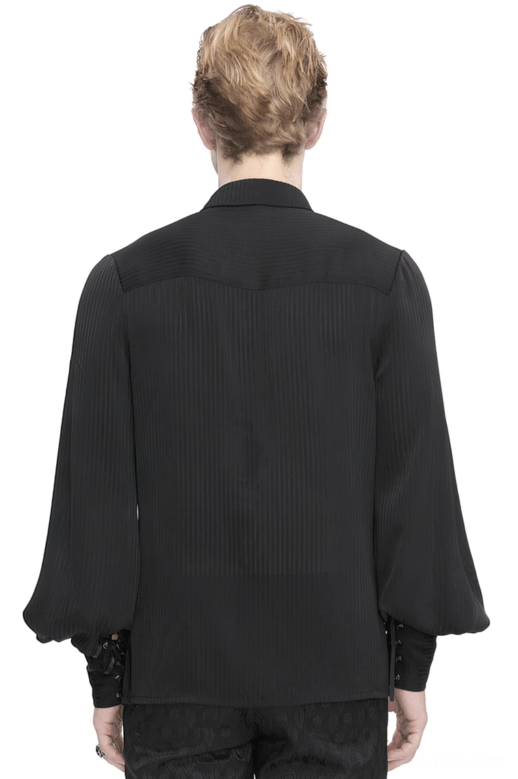 Back view of black gothic lantern sleeve shirt showing drawstring cuff ties and vertical striped sheer fabric panel detail